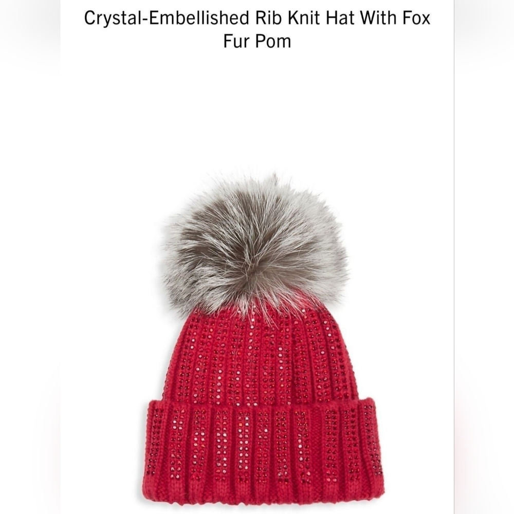 Crystal Embellished Rib Knit Hat With Real Fox fur